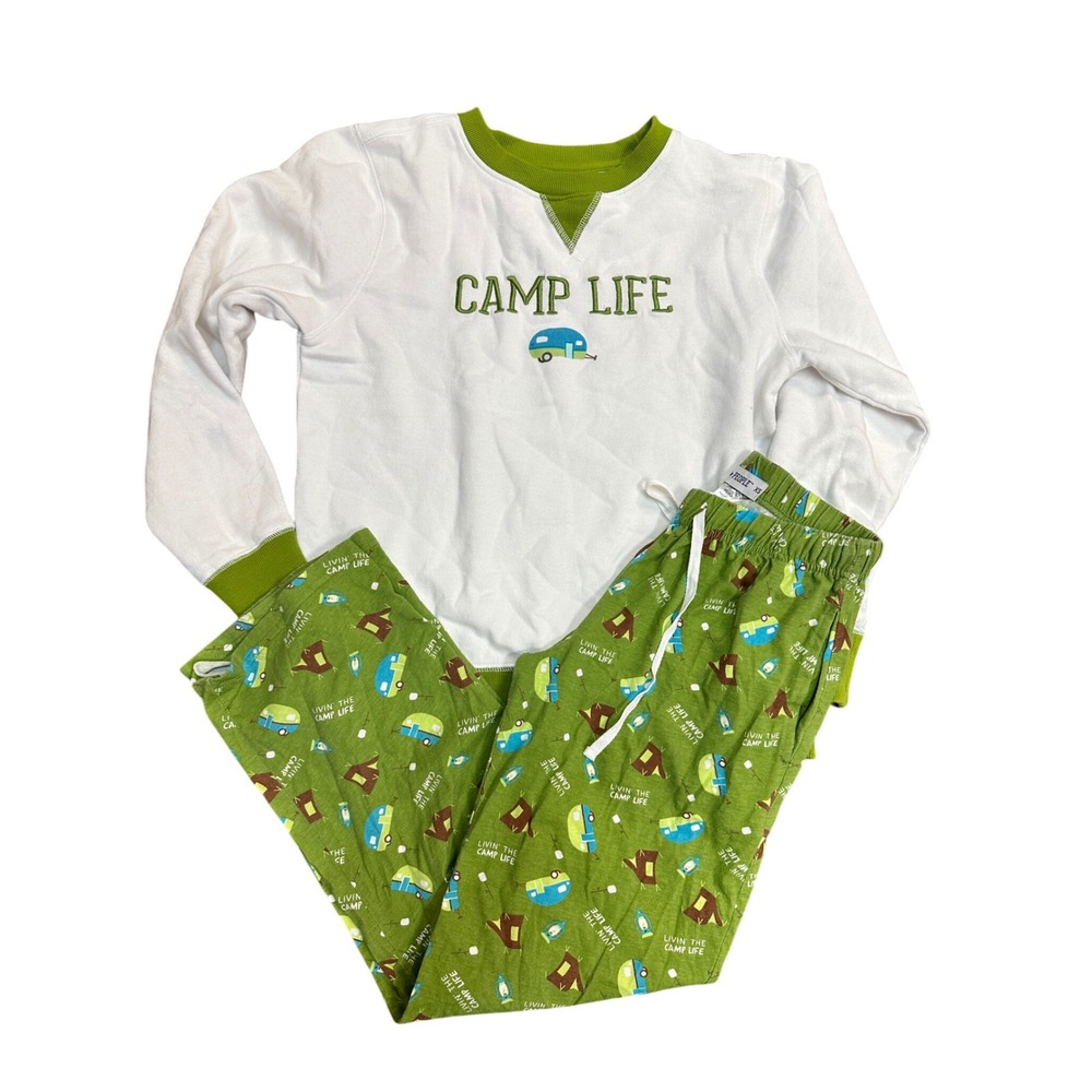We People Camp Life Pajama Set Green Camper RV Top Pants S XS Camping Lounge